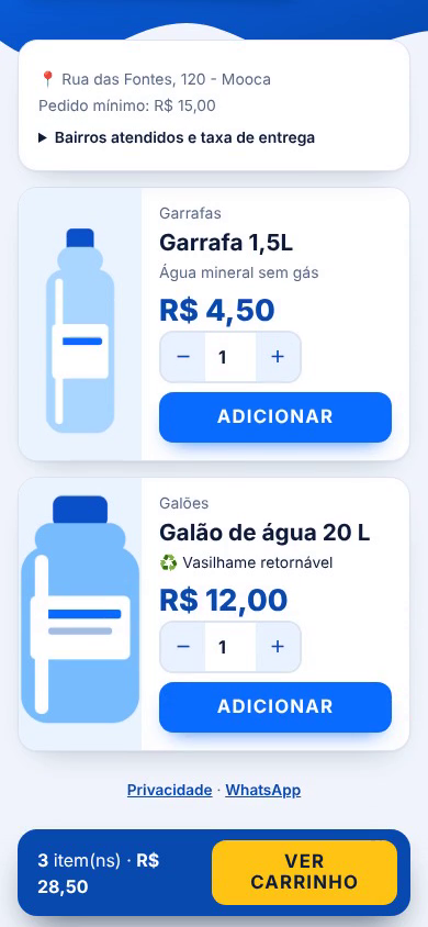 Vitrine da loja no celular, com produtos, preços e carrinho